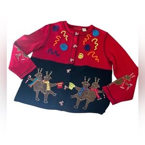 Onque Casuals Christmas Sweater Cardigan Womens Reindeer Candy Cane Button Sz M